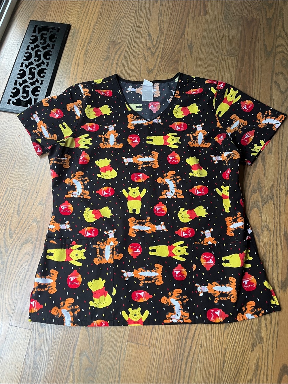 Disney Black Scrub Top with Yellow Winnie the Pooh & Orange Tigger Print